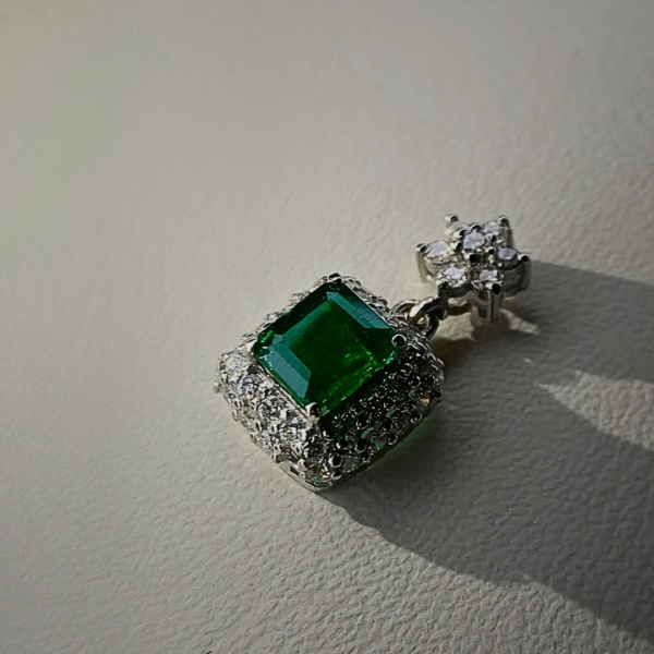 White Gold Emerald and Diamond Earrings - Image 3