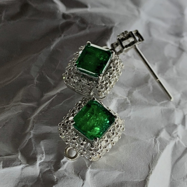 White Gold Emerald and Diamond Earrings - Image 4