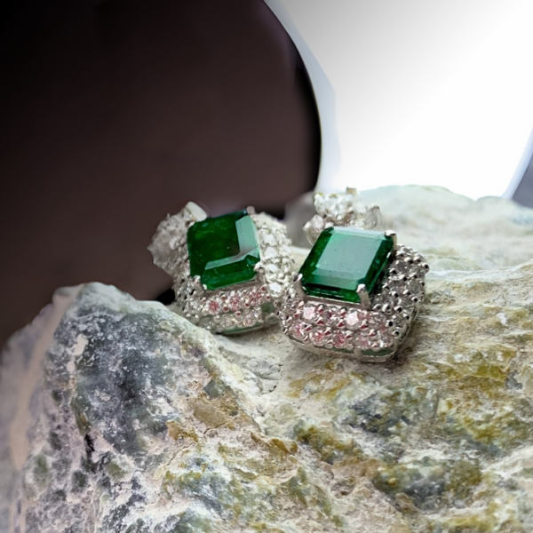 White Gold Emerald and Diamond Earrings - Image 2